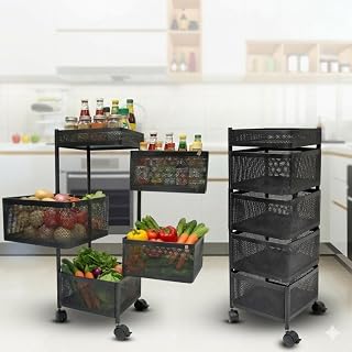 PLANX Metal Rotating Kitchen Trolley, 4 Layer Storage Rack with Wheels, Vegetable and Fruit Organizer Holder, Onion-Potato... Price In India