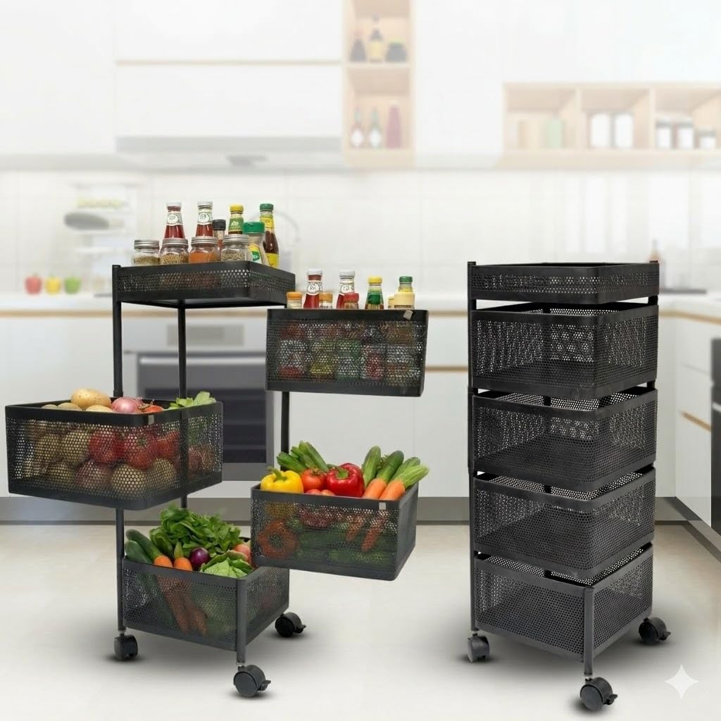 PLANX Metal Rotating Kitchen Trolley, Storage Rack, Vegetable & Fruit Storage Container, Organizer Holder, Onion-Potato Storage Basket for Kitchen Storage Stand, 4 Layer Trolly with Wheels Pack of 1-image-25