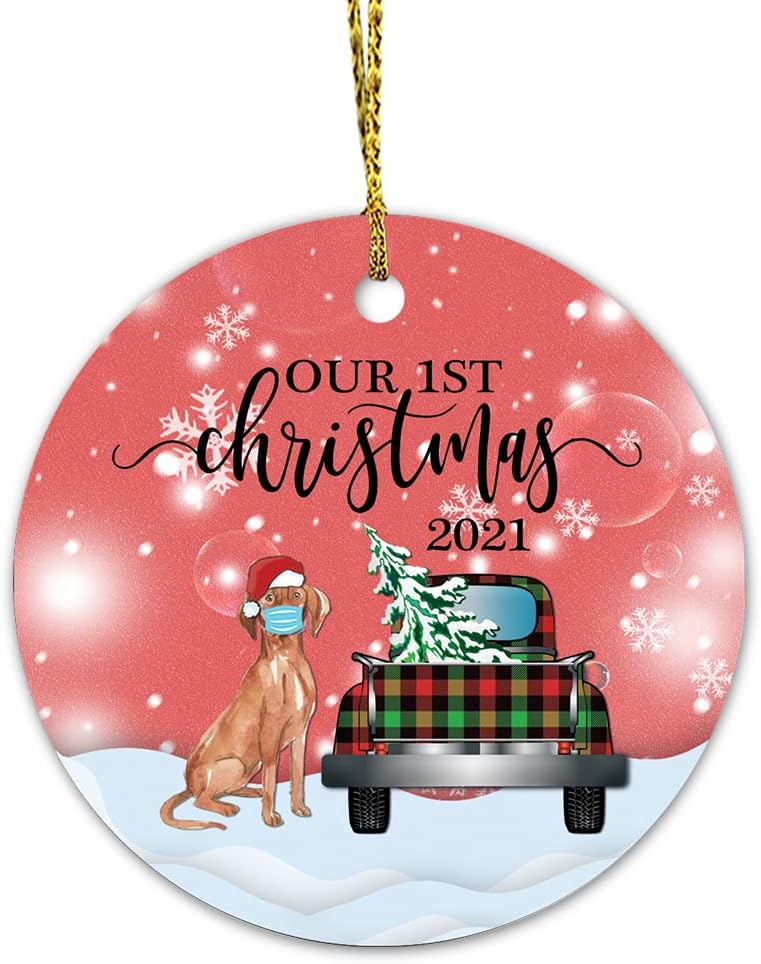Christmas Ornament 2021, Hungarian Vizsla Ornament, Our First Christmas Hanging Ornament, Christmas Truck and Dog Christmas Bauble for Xmas Tree Christmas Decorations, Keepsake Pendant
