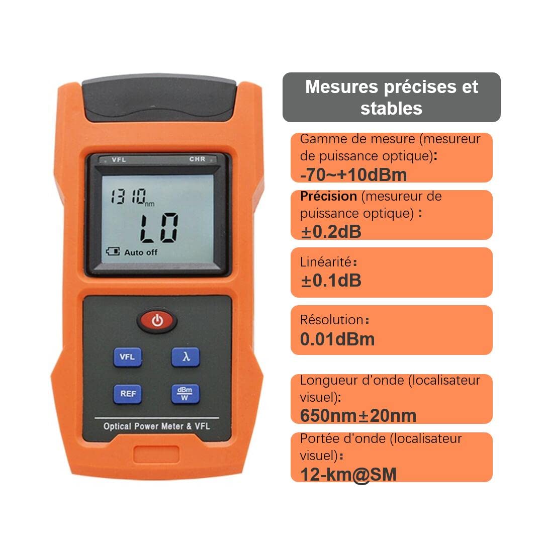2 en 1 Testeur de fibre optique alimenté par batterie rechargeable Compteur de puissance optique -70~+10dBm avec localisateur visuel de défauts VFL