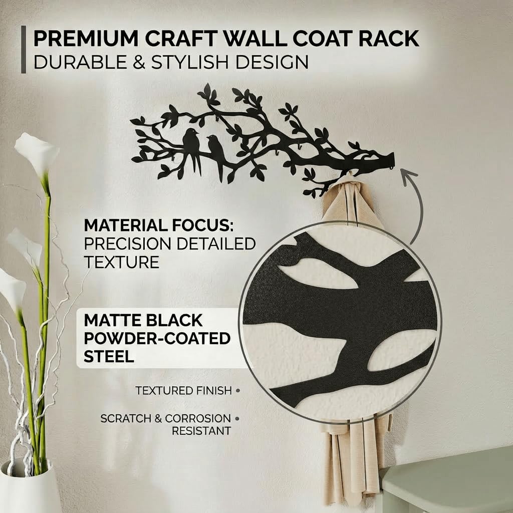 Appendiabiti da parete metallo nero 105 x 40 cm con design a ramo e uccelli — 6 ganci, acciaio verniciato a polvere portata 25 kg, ideale per ingresso, camera e ufficio, attaccapanni da muro