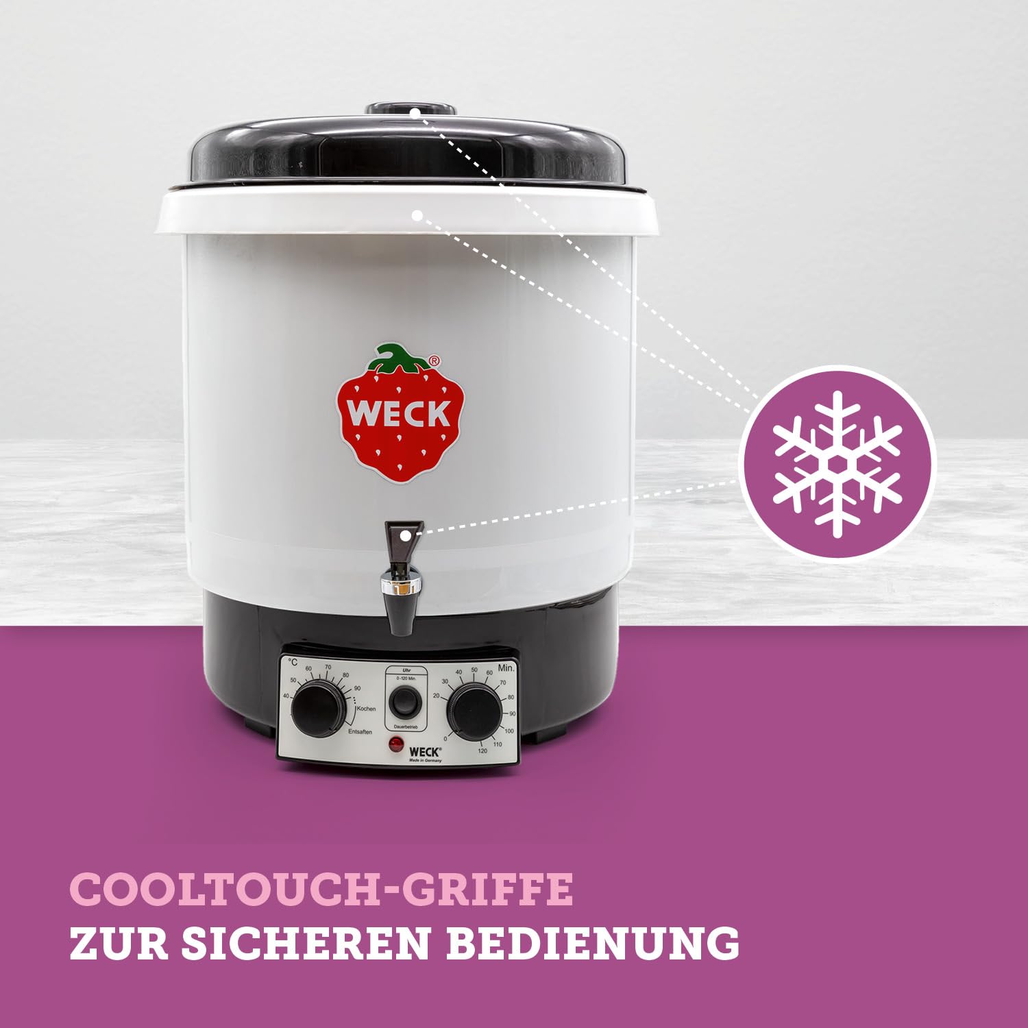 WECK Einkochautomat WAT35-A Kunststoff mit Präzisionsthermostat, Auslaufhahn & Zeitschaltuhr – 29L Einkochtopf, Glühweinkocher, Dampfentsafter, Einweckautomat – Made in Germany