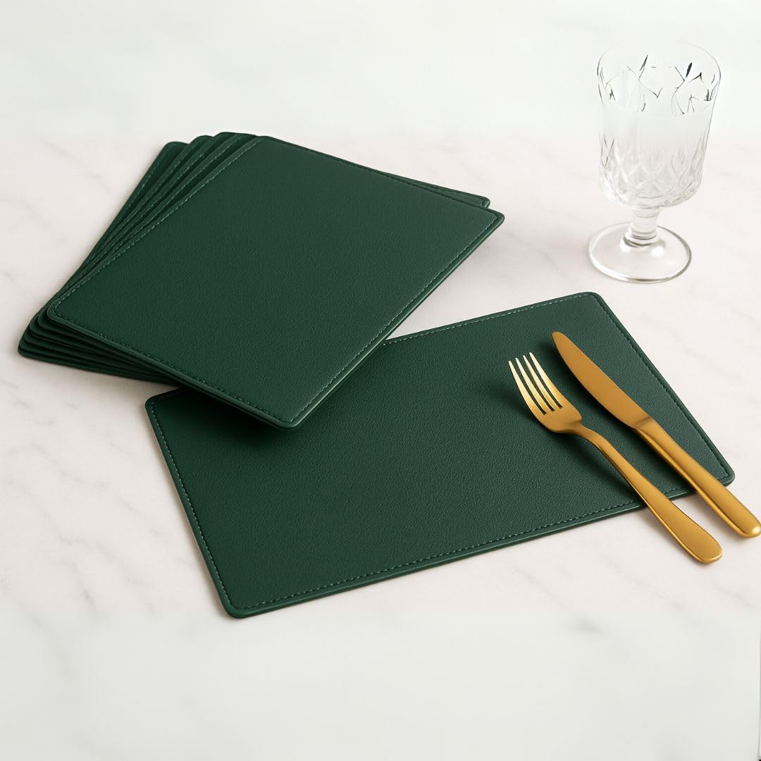 CASA BOTANICAL Set of 6 Faux Leather Placemats for Dining Table | Stylish and Durable Table Mats | Modern Colours & Designs, Use at Home, Cafes, Restaurants & Hotels (Placemats Green)