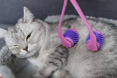 Miniatura 4 de Relajador de rodillo masajeador para gatos, herramienta de cepillo de aseo de silicona (palo rosa con cepillo púrpura)