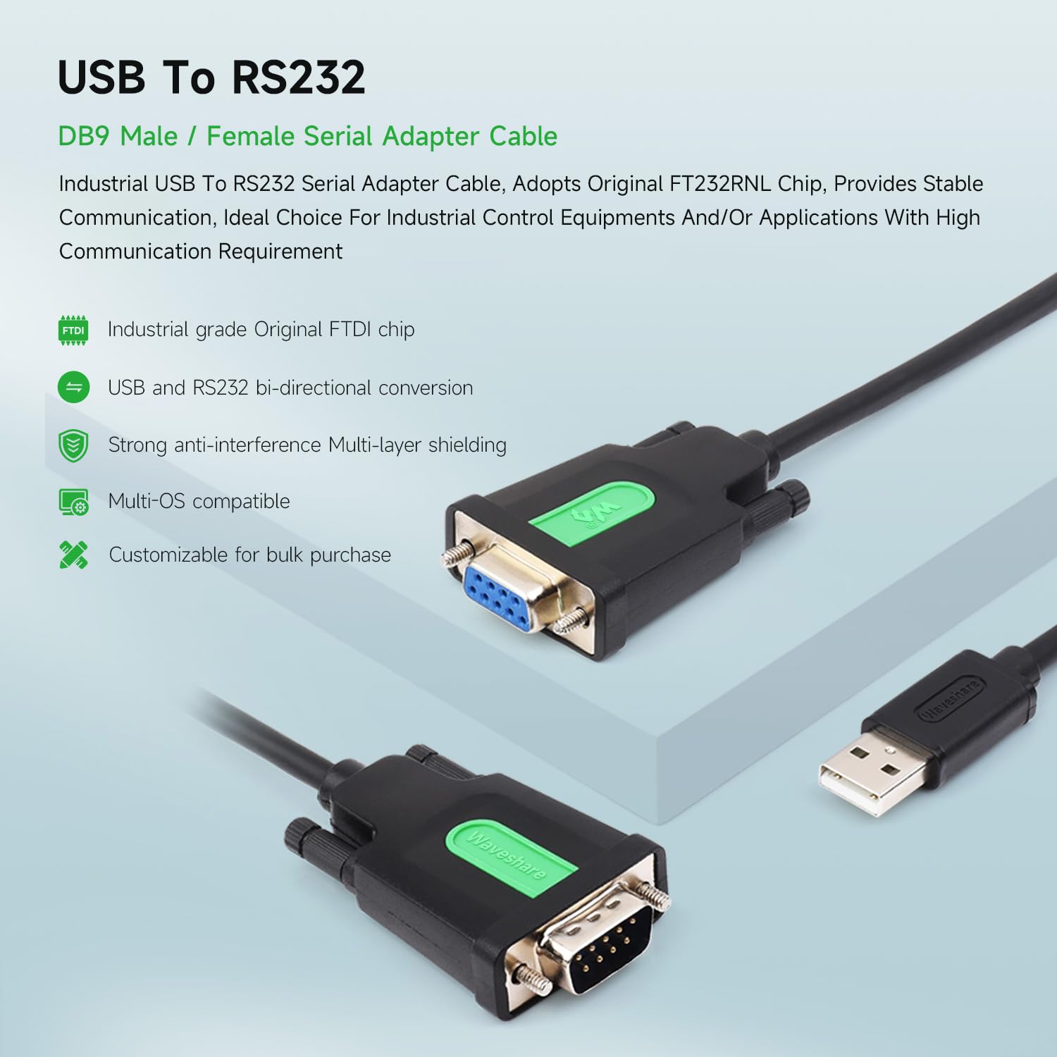 Waveshare Industrial USB To RS232 Serial Adapter Cable(3 PCS), USB Type A To DB9 Male Port, FT232RL Chip, 1.5m, For Industrial Control Equipments & Applications With High Communication Requirement