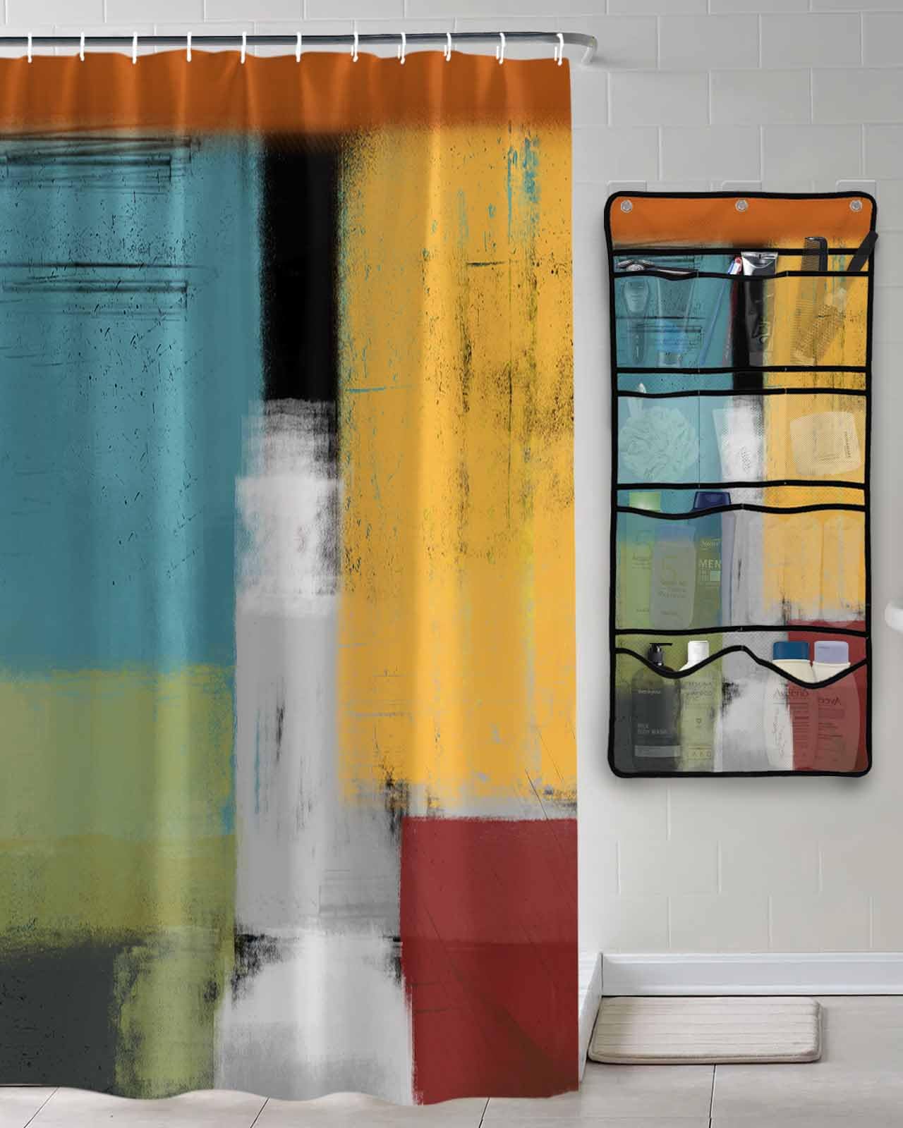 Shower Curtain Mesh Shower Organizer Hanging Set Abstract Painting Art Style Orange Blue Yellow Grey Black Red Waterproof