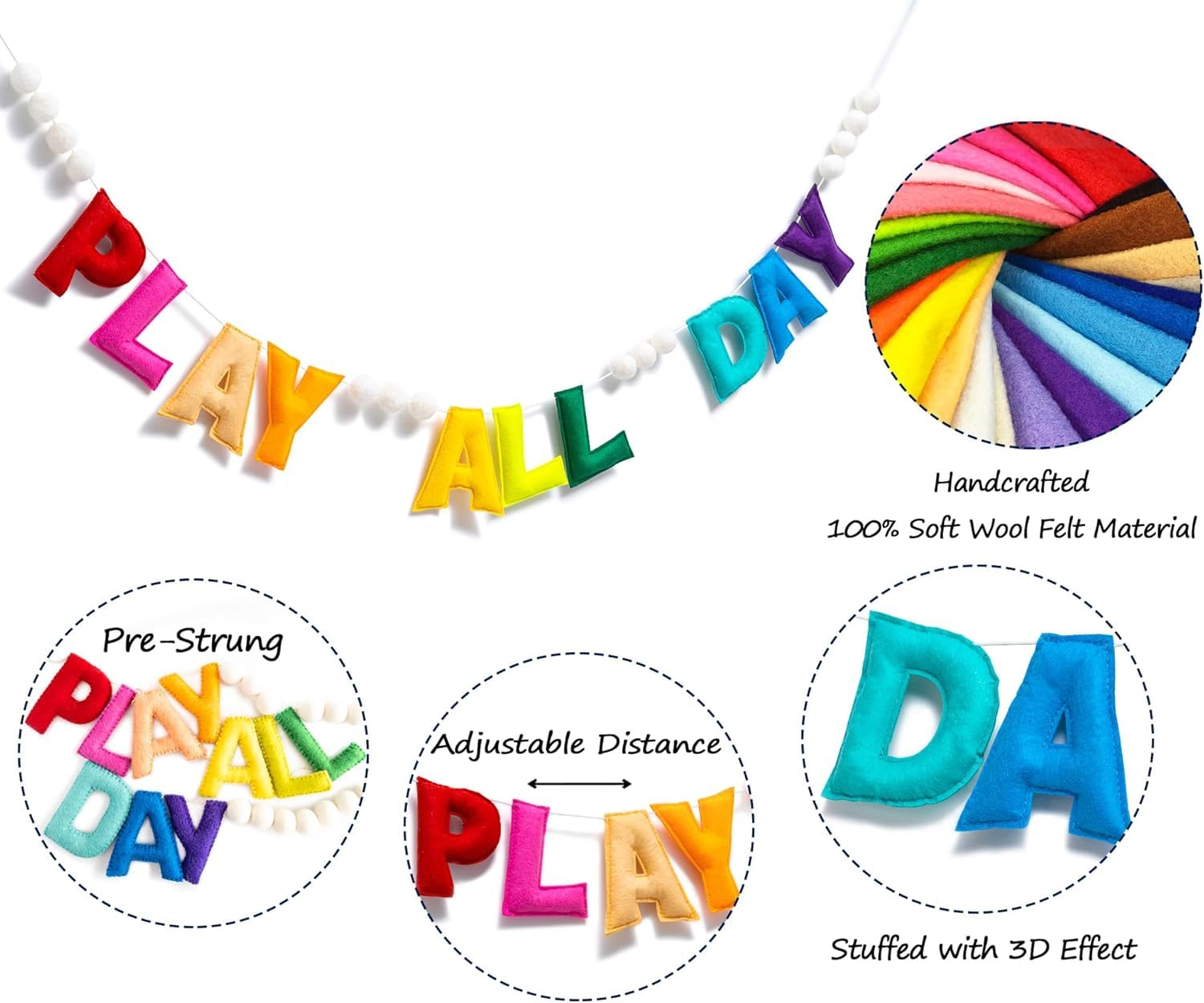 Pre-Strung Rainbow Play All Day Felt Banner Reusable Plays Sign Plays All Day Wall Hanging Felt Garland for Playroom Wall Decor Playhouse Toy Room Classroom Decoration - Image 3