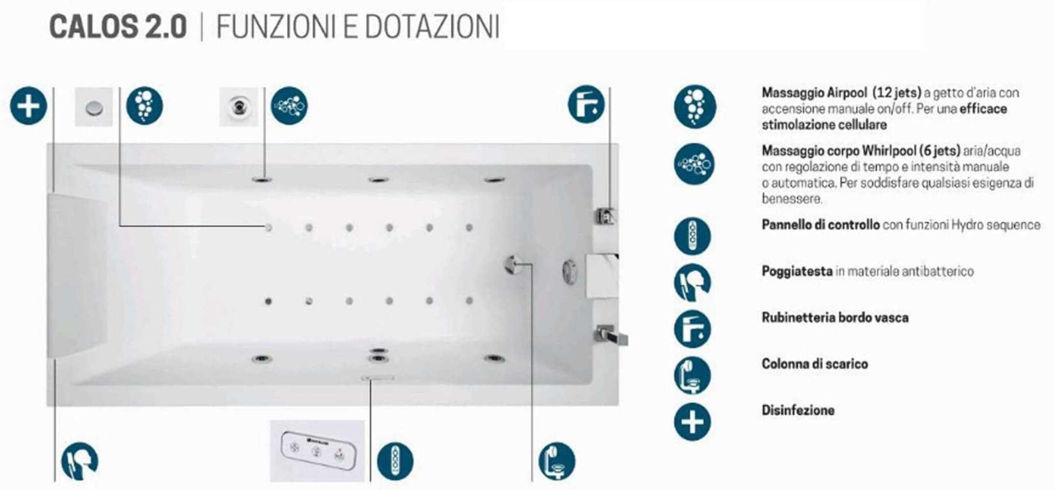 Novellini Calos 2.0 Wanna Hydro Plus Boczna Woda 6 Jet Dezynfekcja Airpool 12 dysz 170 x 70 cm Odwracalny Prostokątny 2 Panele Akrylowy Biały Błyszczący Kolumna Bateria Wyświetlacz Poduszka