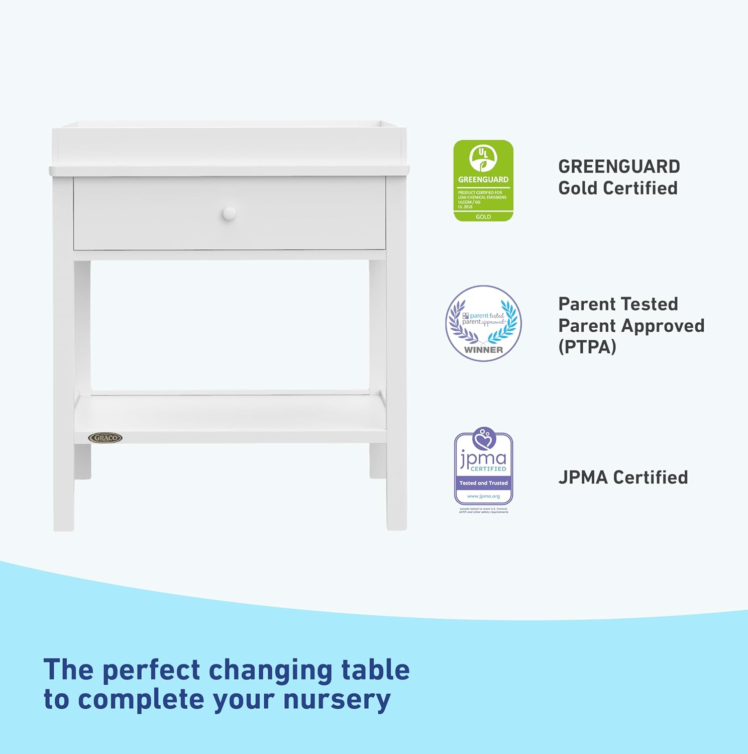 Graco Storage Baby Changing Table (White) - GREENGUARD Gold Certified, Changing Table with Drawer, Changing Table Topper, Perfect for Any Nursery Decor