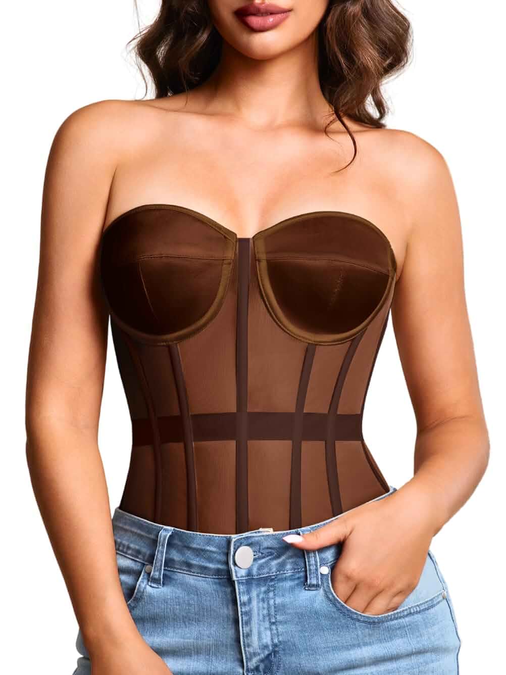Kaei&Shi Women's Strapless Mesh Corset Top, Padded Lace-Up Bustier fixed padded cups, sheer mesh panels, soft polyester boning, adjustable lace-up back, longline silhouette