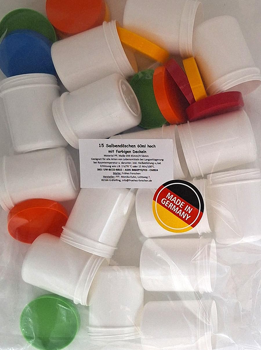 15 Salbendosen 60 ml hoch mit farbigen Deckeln
