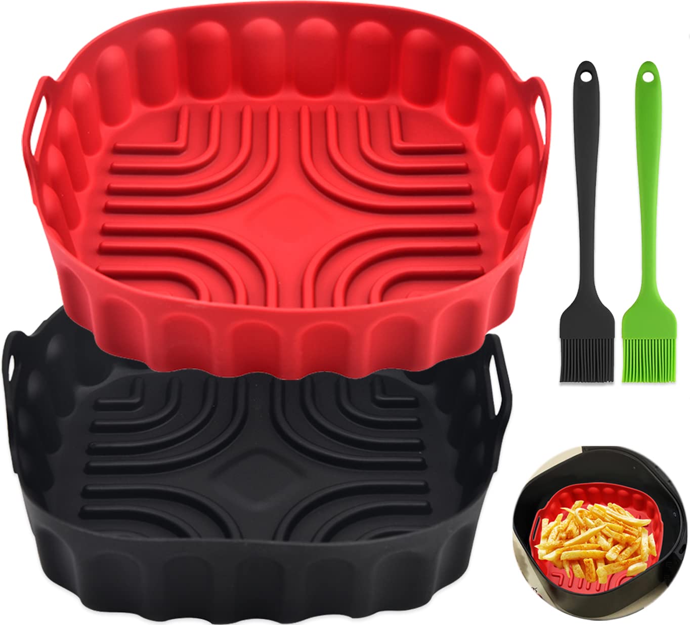 4Pcs Silicone Air Fryer Liners With Basting Brush — 8.5 Inch Square Reusable Baking Trays, Heat Resistant, Easy Clean, For 4-8 QT Air Fryers