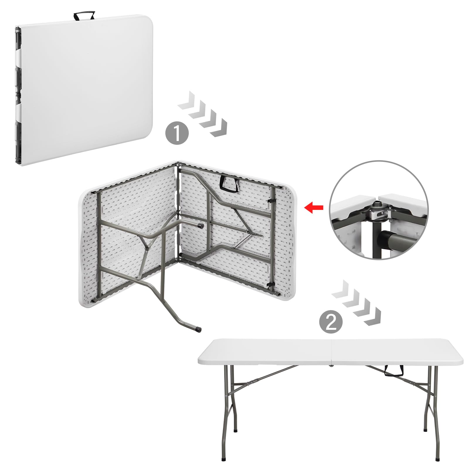 TEENO Table Pliante 180x74x74 cm 6 Or 8 Places,Table Pliante Exterieur avec Verrou de Sécurité,Poignée de Transport,Tableaude Jardin Pliantes Blanche, Parfaite pour Buffet,Fêtes et Camping