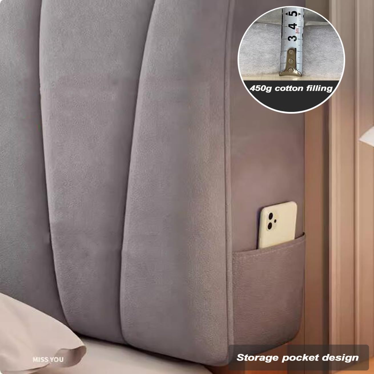 Copertura per testiera letto in velluto morbido ed elasticizzato, imbottito, lavabile, antipolvere, grigio, 100 cm