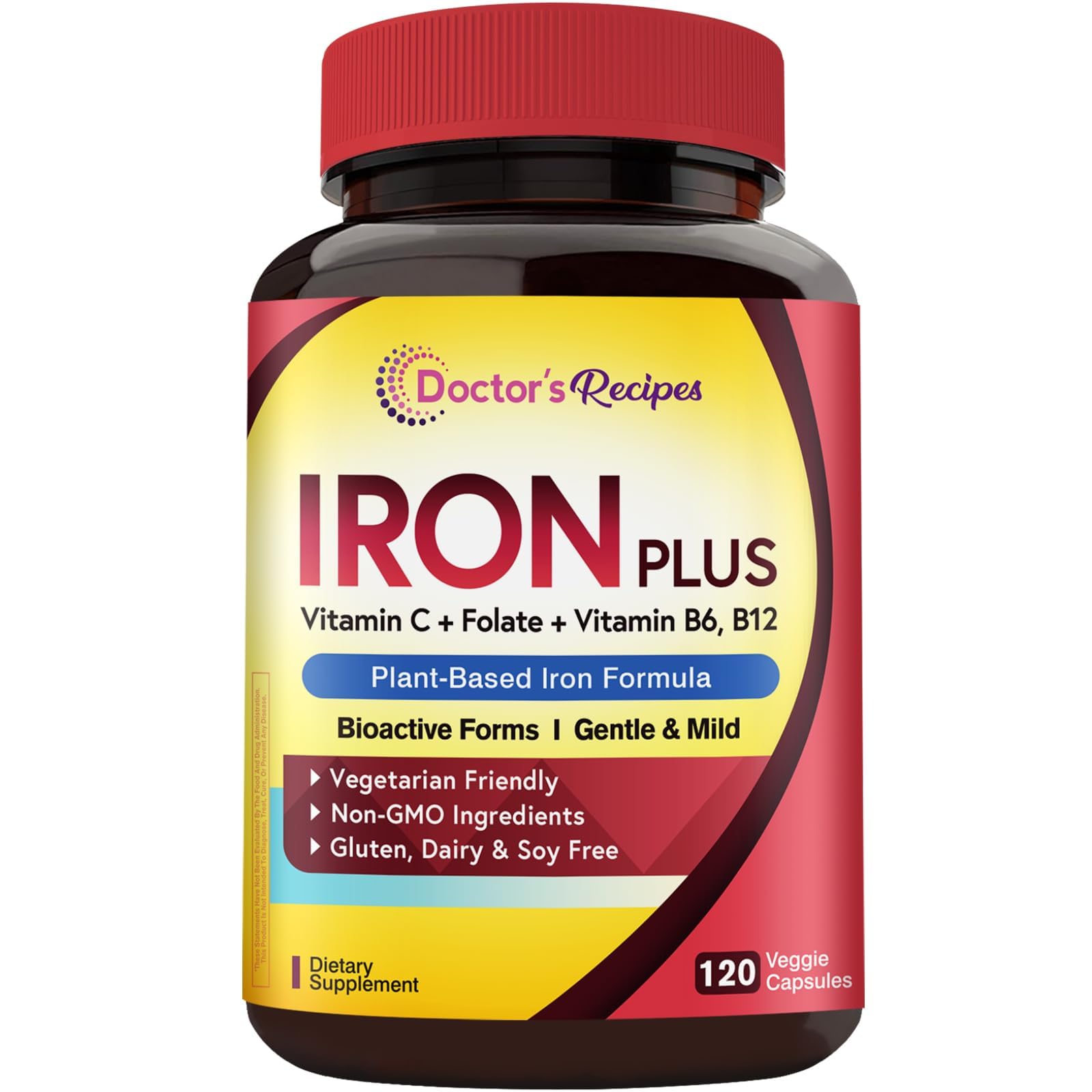 Doctor's Recipes Iron Supplement for Women Men - Gentle Iron Bisglycinate with Vitamin C, B6, Folate & B12, Stomach Friendly Iron Pills, 120 Vegan Caps
