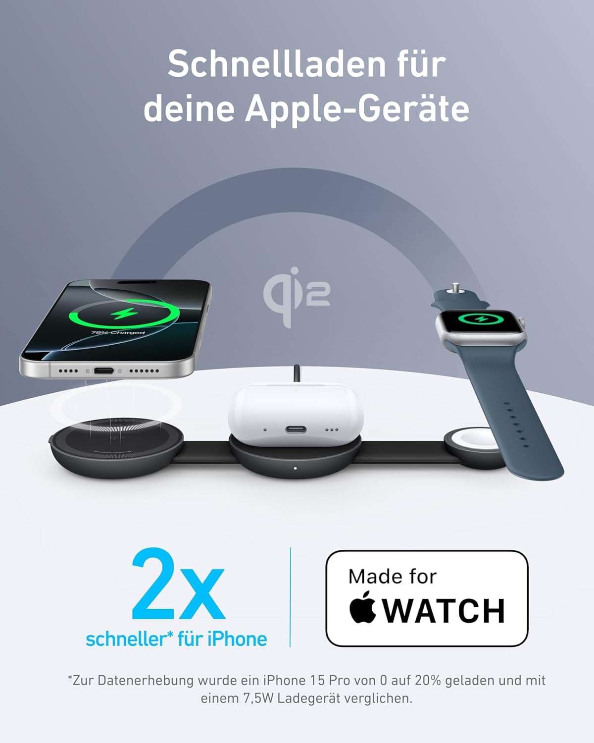 Anker MagGo 3-in-1 Kabellose Ladestation (mit EU/US/UK Stecker), MagSafe-Kompatibles Qi2-Zertifiziertes 15W Ladegerät, Faltbares Reise-Ladepad für iPhone 17/16, AirPods, Apple Watch (Keine Powerbank)