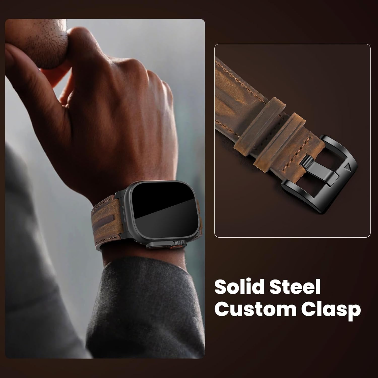 Bouixel Top Grain Genuine Leather Compatible with Apple Watch Ultra 3 Band 49mm 46mm 45mm 44mm 42mm, Rugged Metal Connector Band Strap for Women Men iWatch Ultra 2/1 Series 11 10 9 8 7 6 5 4 3 SE - Image 5