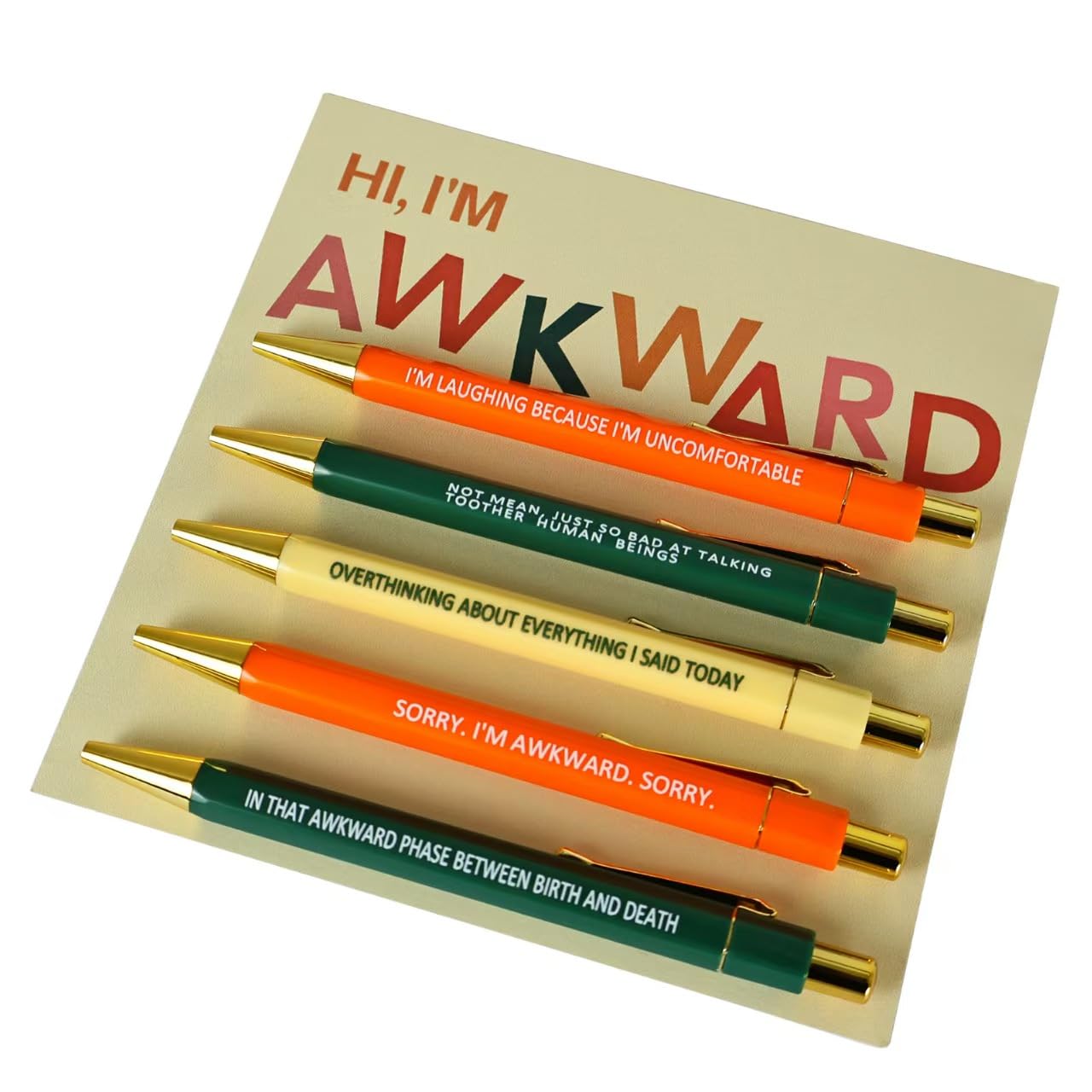 Awkward Gift Pen Set, Funny Humorous Pens with Gold Accents, Orange Green Yellow Colors, 5 Pack Novelty Ballpoint Pens | Novelty Gift Secret Santa