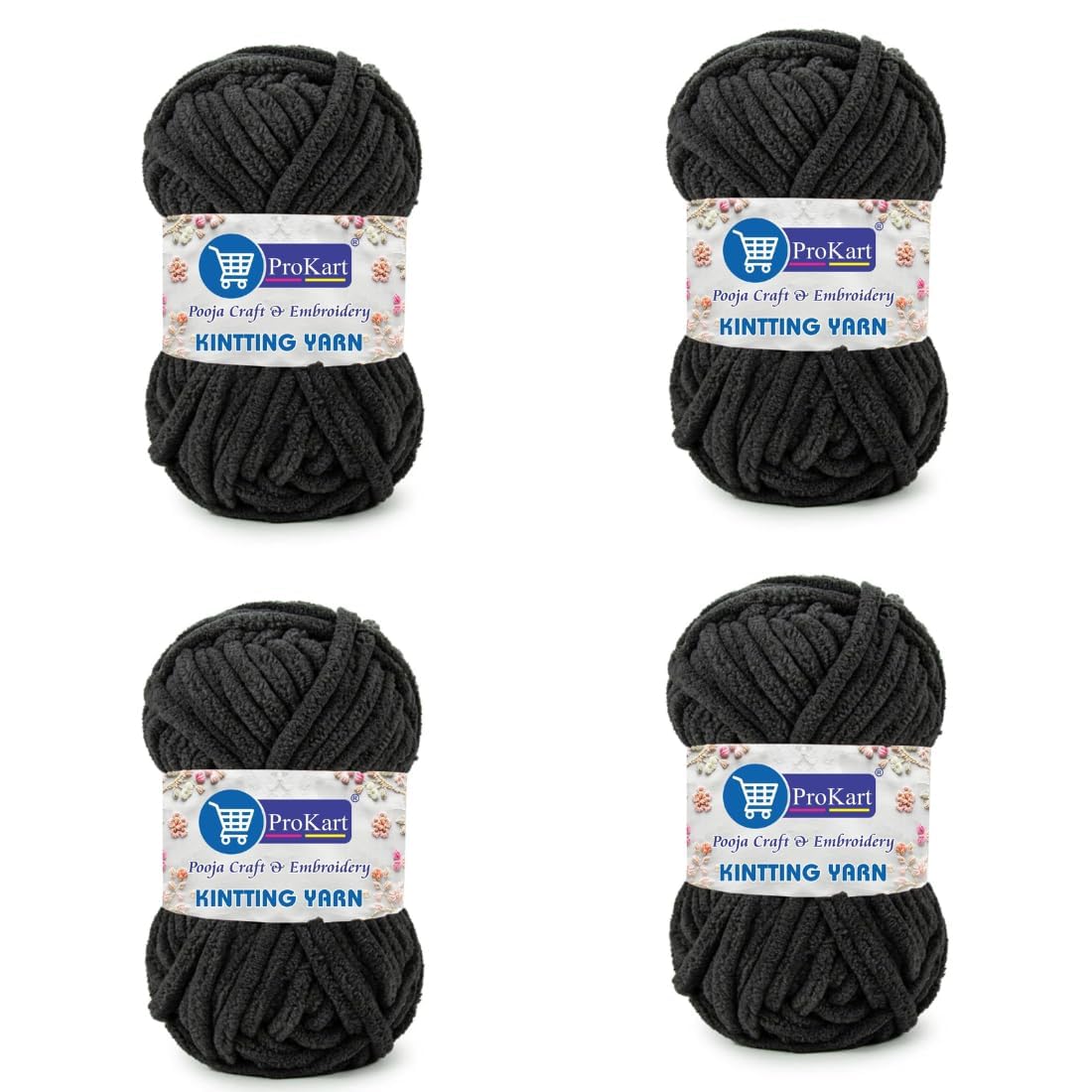 ProKart Premium Blankie Wool, Plush & Cuddly, Chenille Yarn Supersoft Hand Knitting Wool Ball | Blanket Thick/Mottu Yarn Ball Suitable for Hand Knitting and Crocheting (Black, 100gms x 4 Pack)