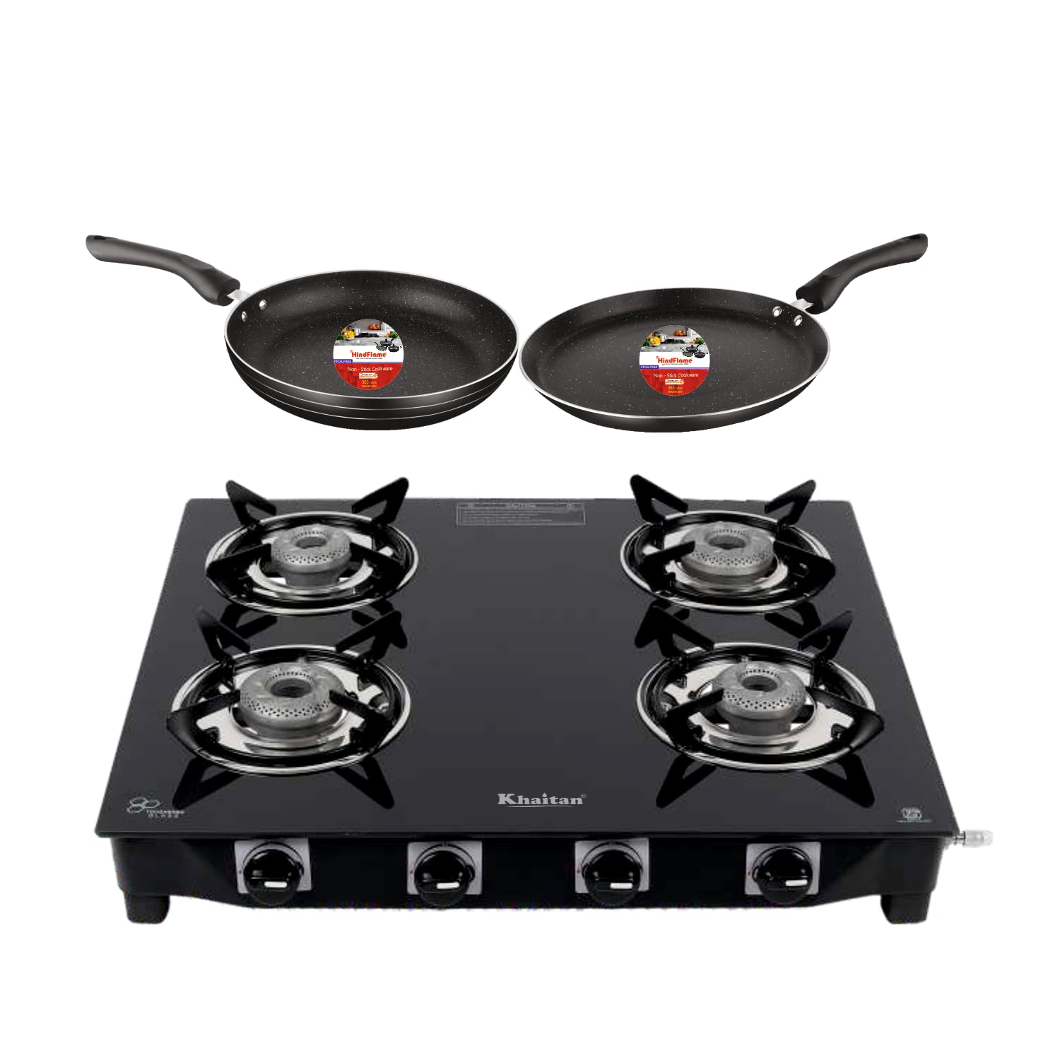 Khaitan Gas Stove Combo - One 4 Burner Active Forge Black Toughened Glass Gas Stove + 1 unit HF Dosa Tawa 250 mm + 1 unit HF Fry Pan 230 mm (B0DGTH631K) Amazon Price History, Amazon Price Tracker