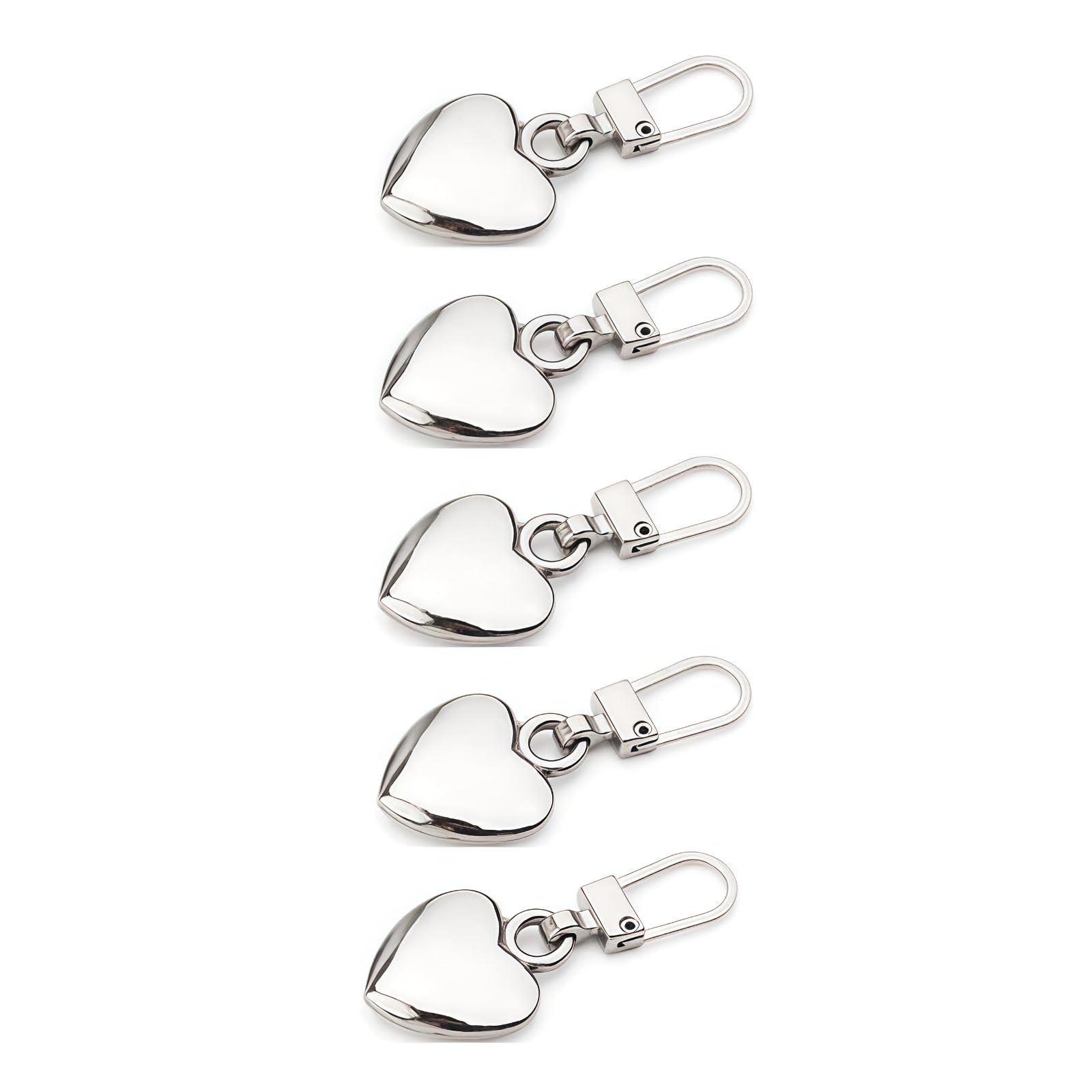 5Pcs Heart Shaped Zipper Pull Replacement - Metal Backpack Zipper Mend Fixer Repair for Coats, Jackets, Pants, Luggage - Fasteners, Sewing Notions and Supplies Charms (Silver)