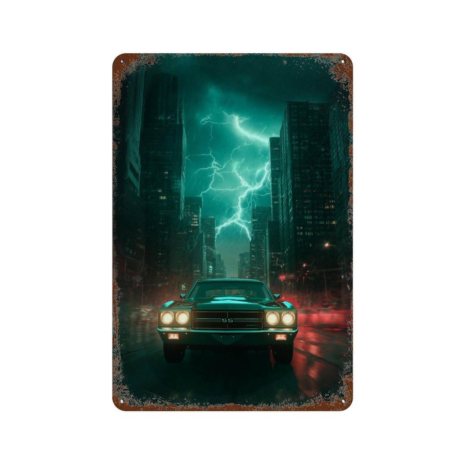 Vintage Rust Metal Sign Thundering City Drive 11.8"x7.9", Old School Wall Decor for Office, Studio And Wall Decor