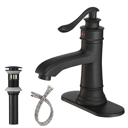 BATHLAVISH Black Bathroom Faucet Matte Waterfall for Sink Farmhouse Single Hole 1 Handle with Pop Up Drain Has Overflow