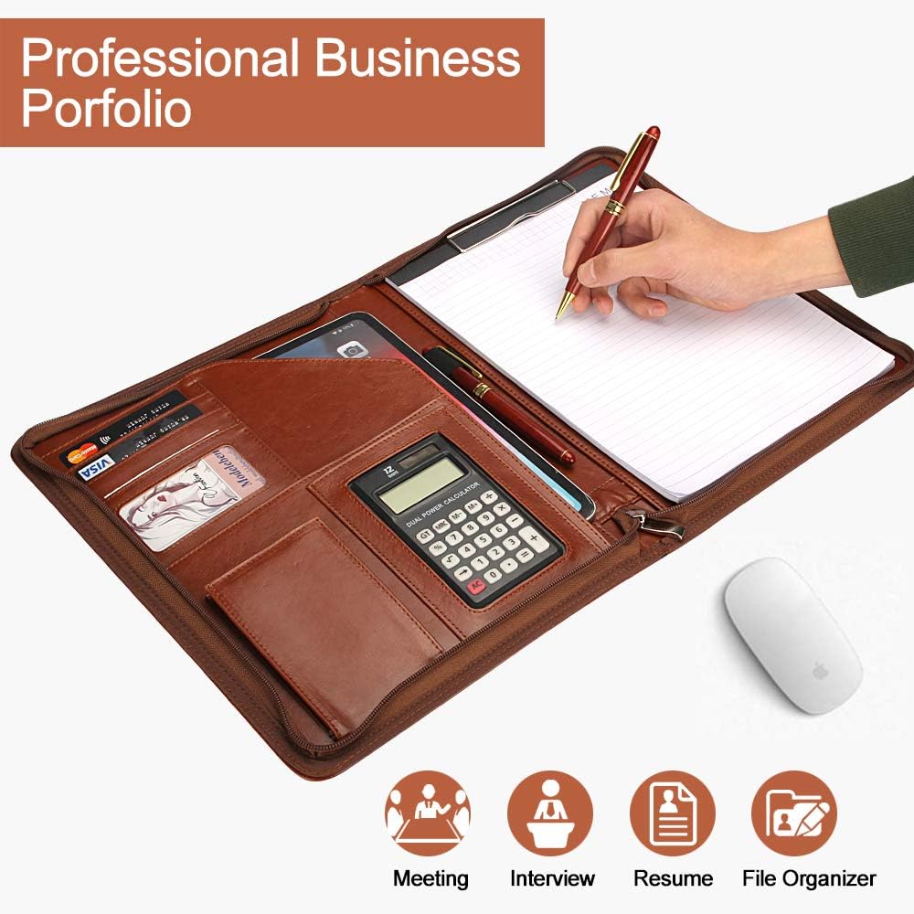 Women's Business Portfolio Organizer with Calculator& Clipboard, Brown Zippered Padfolio Cover Document Folder Leather Pad Portfolio Case