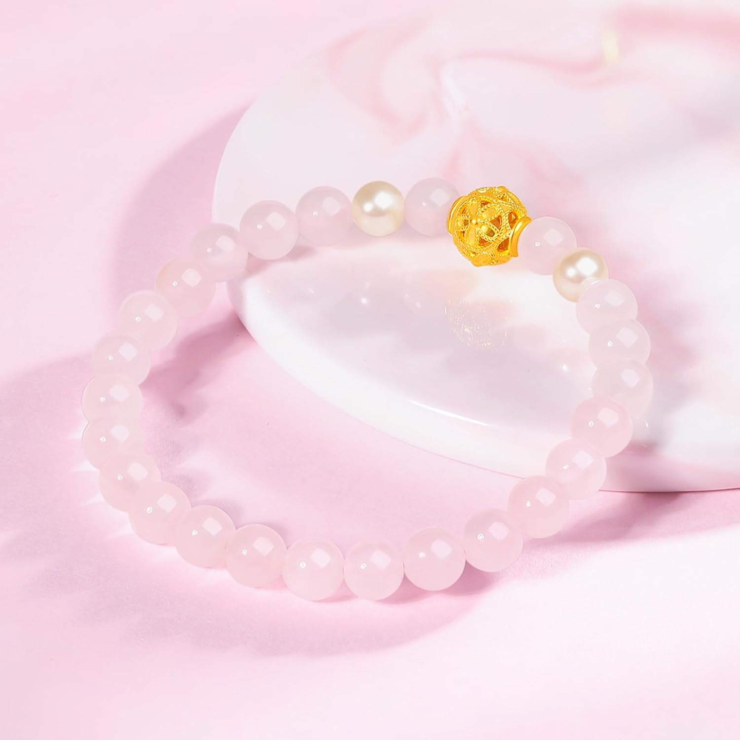 24K Pure Gold Pink Beaded Bracelets Real Gold Ball Rose Quartz Bracelet White Pearl Dainty Jewelry for Women Mother Lover Her Anniversary Birthday