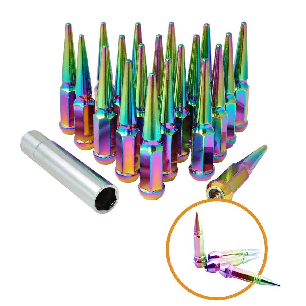 14mmx1.5 Wheel Spike Lug Nuts, 20 x Neo Chrome M14x1.5 Lug Nut,Conical Bulge Seat,Closed End Nuts for Chevy Silverado w/ 1 Socket Key and Gift 4 Pcs Neo Chrome Aluminum Tires Valve Stem Cover