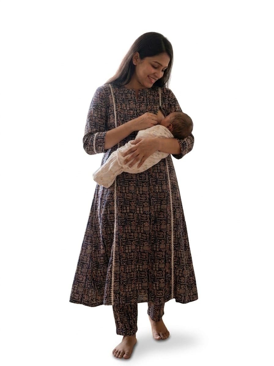 momz closet Maternity and Nursing Midi Dress, Cotton, V-Neck, 3/4 Sleeve, Floral Print, Relaxed Fit, Casual Wear for New Moms-picture-26
