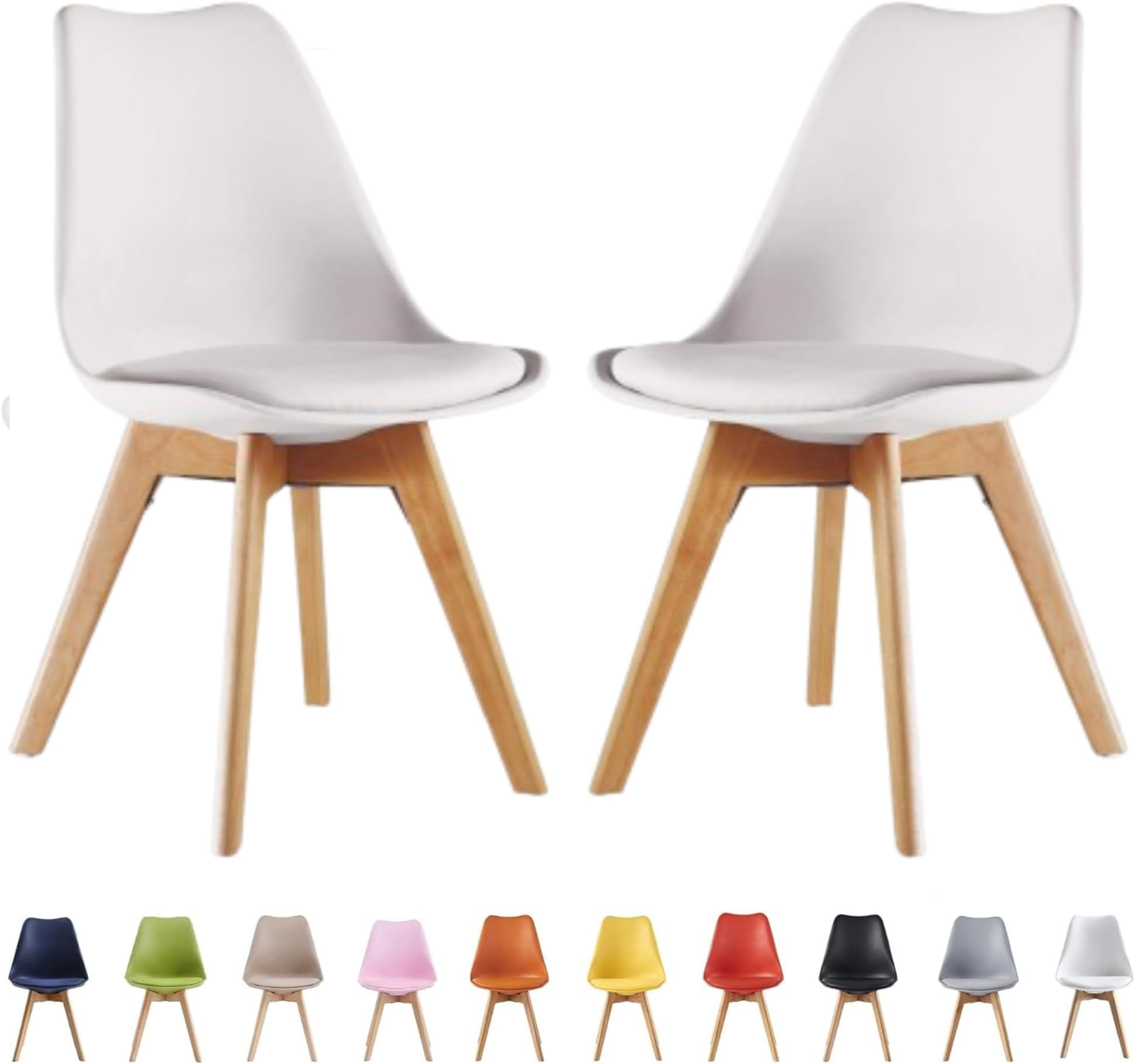 Single Set of 2/4/6 Retro Modern Dining Chairs – Lorenzo Plastic Chairs with Cushioned Pad Seat & Solid Beech Wooden Legs - Side Chair for Living Room Kitchen Office Lounge (White, Pack of 2)