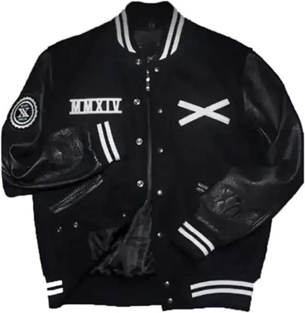 Nuixen Ltd Mens XO Varsity Bomber Jacket Black Wool leather