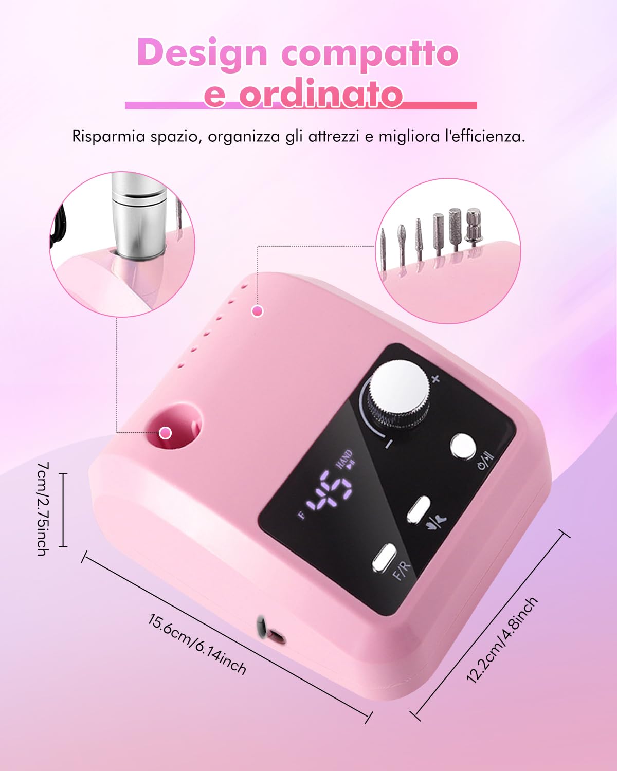 CozyZen Lima Elettrica per Unghie 45000 RPM | Display LCD, Controllo Manuale e Pedale, Silenziosa per Acrilico, Gel, Manicure e Pedicure - Uso Salone e Casa