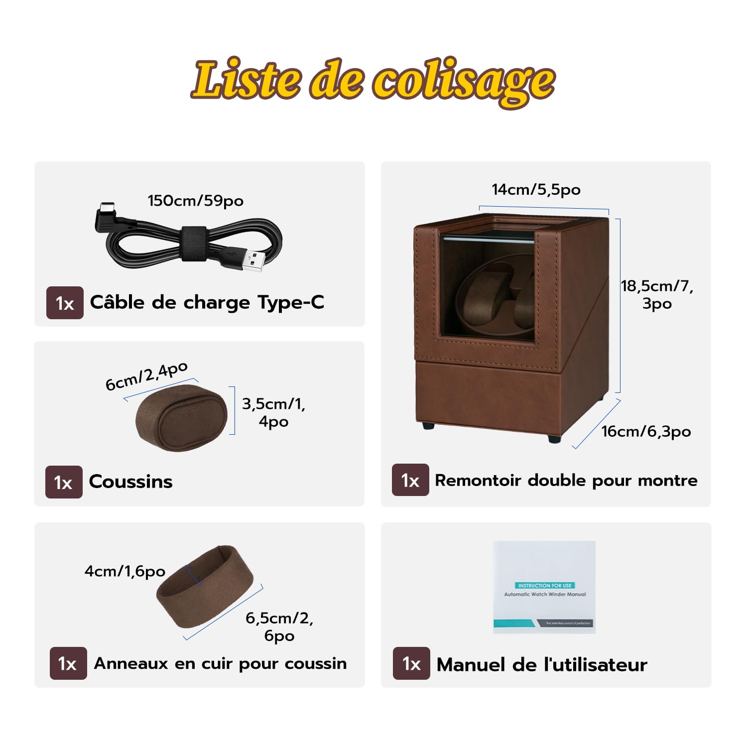 Double Remontoir de Montre avec lumière LED, Boîtes de Remontoir de Montre pour 2 Montres avec 5 Modes de Rotation Automatique et Chargement Type C USB – Marron