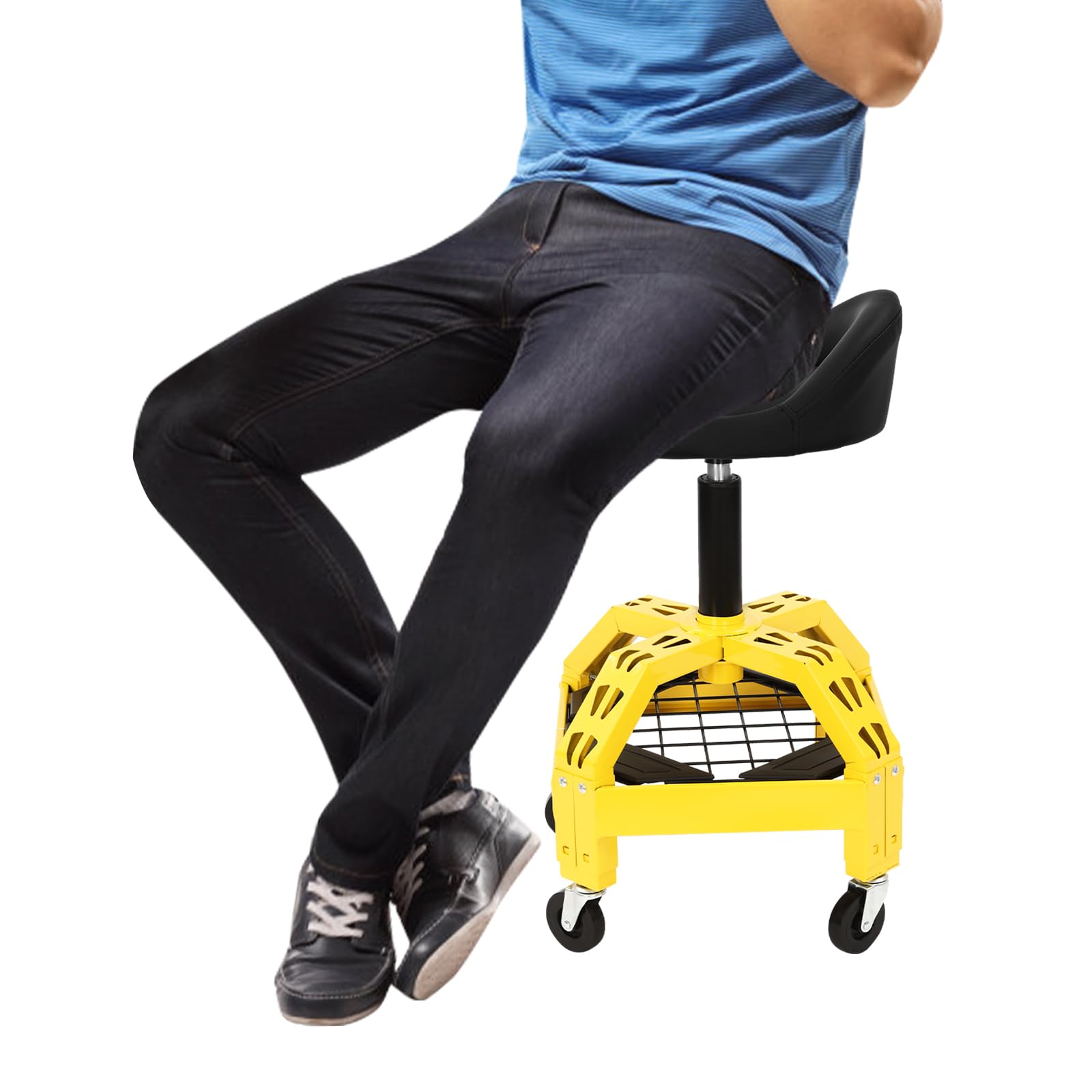 Sgabello da officina regolabile in altezza 45,7 – 63,5 cm, sedile telescopico da officina con ruote girevoli a 360° e ripiani, sgabello da officina per riparazione auto, fino a 130 kg