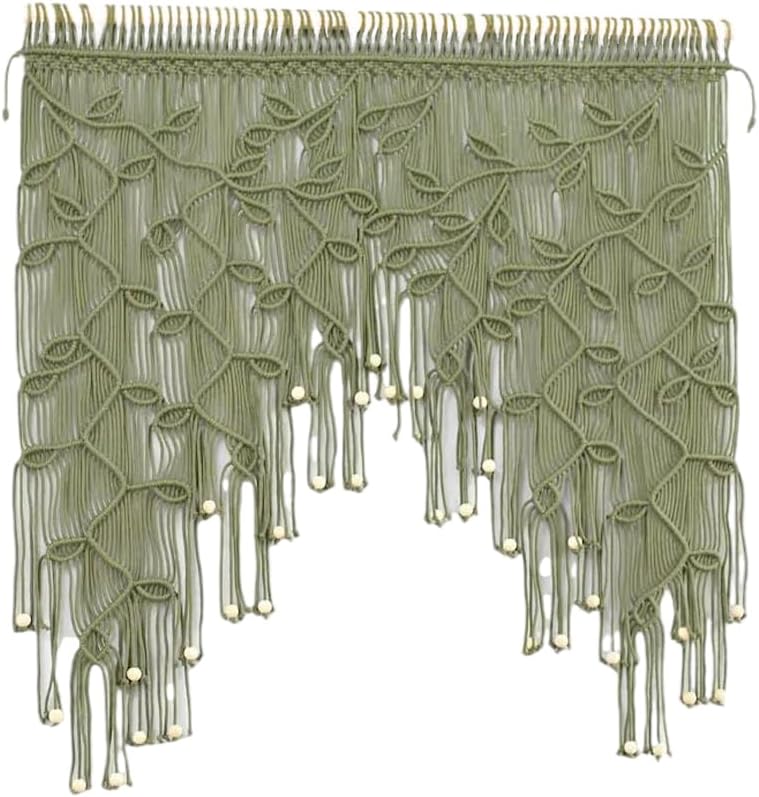 Macrame Valance Curtain for Kichen Windows 33.46x37.4Inch Farmhouse Boho Leaves Curtains for Bedroom Window Valance Green Leaf Tassels Macramé Wall Curtain Wooden Bead Macrame Wall Hanging