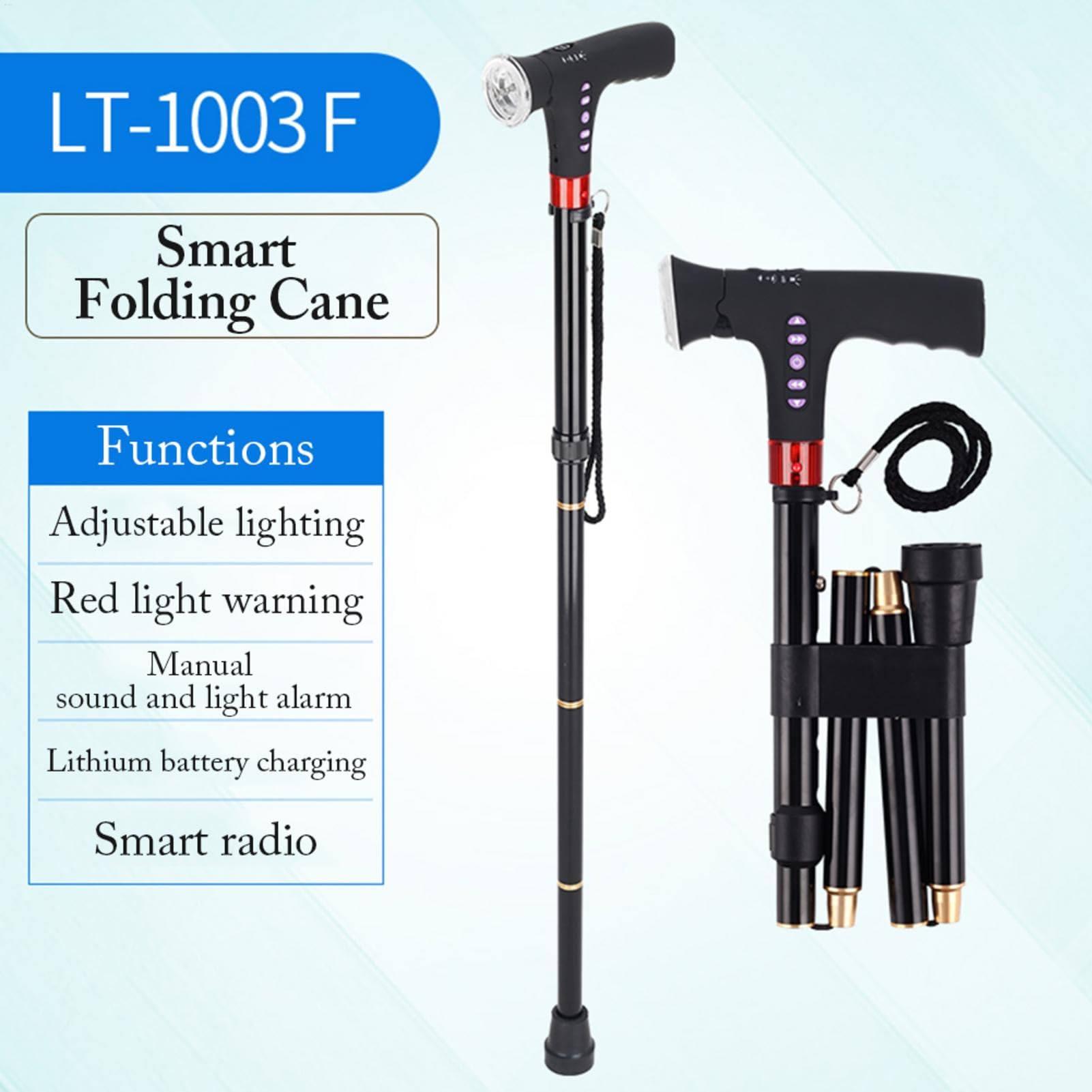 Bastón - Bastón Plegable | Luces Y Alarma con Luz De Bastón | Bastón De Senderismo Ajustable Y Ligero para Hombres Y Mujeres con Alarma, Radio con Luz Led, Bastón Ajustable, Plegable para Caminar
