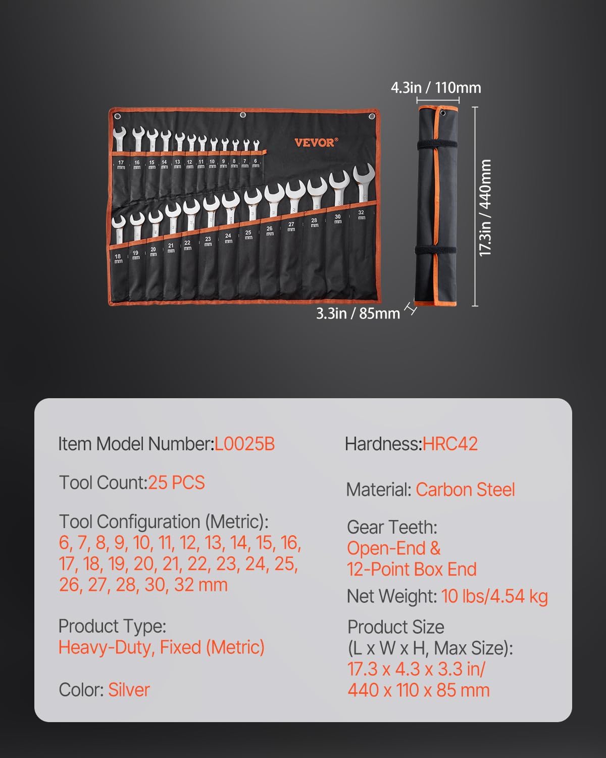 VEVOR 25-Piece Metric Combination Wrench Set, 6-32mm, Open End, Carbon Steel, with Roll-up Pouch, Ideal for Household, Garage, Workshop, Auto Repairs