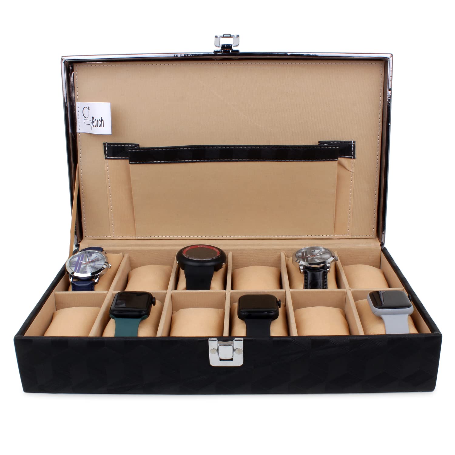 Gorch Mens and Womens Watch Box Holder Organizer Case In 12 Slots of watches In PU Leather with Premium Black color (B0CCLLPWB6) Amazon Price History, Amazon Price Tracker