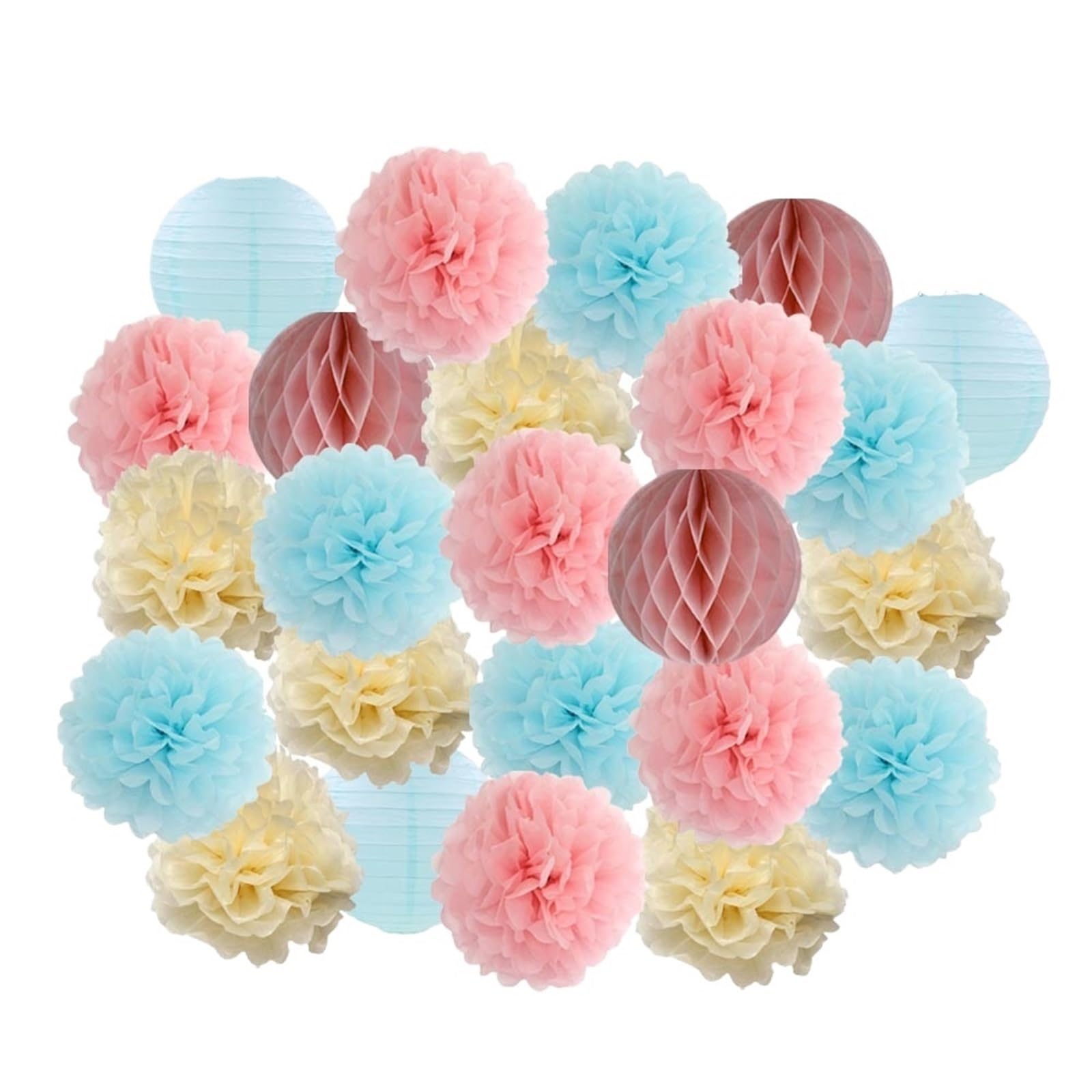 Recuerdo de fiesta cumpleaños for niño y niña, conjunto linterna papel redonda rosa blanca, plegable, for bautizo, boda, decoración con pompón para fiestas cumpleanos(Pink Blue Beige,12inch(30cm))