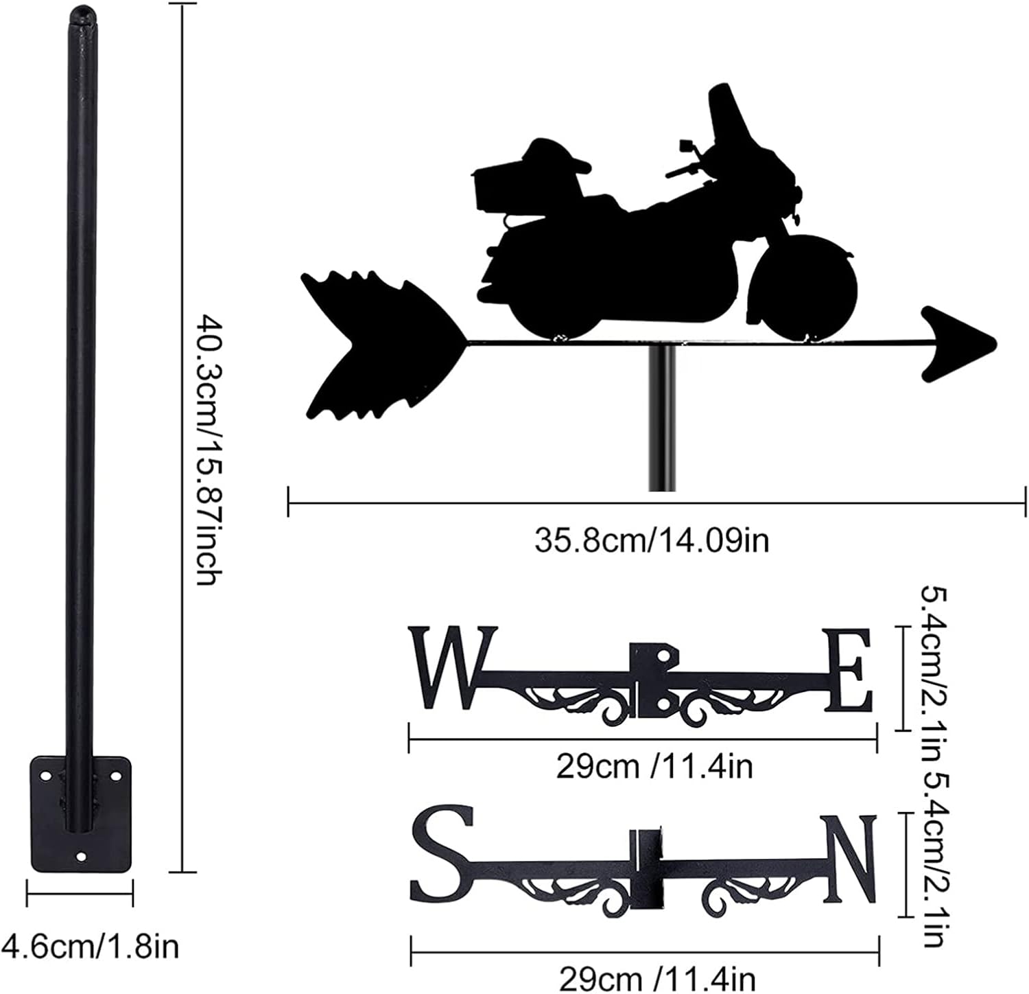 Weather Vanes with Motorcycle Silhouette Ornament, Weathervane Wind Direction Indicator Weathercock Stainless Steel Measuring Tool Garden Yard Roof Mount Easy Use,Black,Motorcycle~A