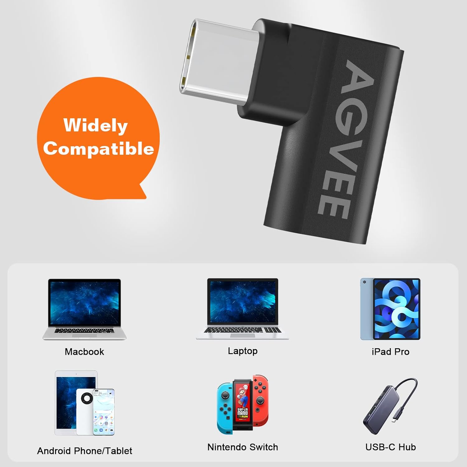 AGVEE 4 Pack Side Angle 90 Degree USB-C Male to USB-C Right Angled Female Adapter (Type-C 3.2 Gen 2) Converter Video Type-C 10G Data Extension Coupler Converter Connector, Black