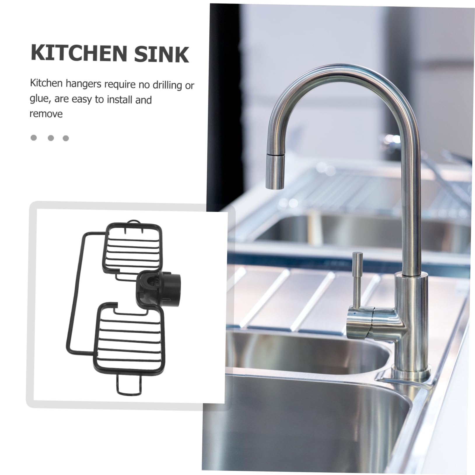 VALICLUD Porta Spugne per Rubinetto Cucina in Alluminio Nero, con Barra per Panni e Design Drenante, Organizer Lavello Multiuso per Cucina e Fai-da-Te