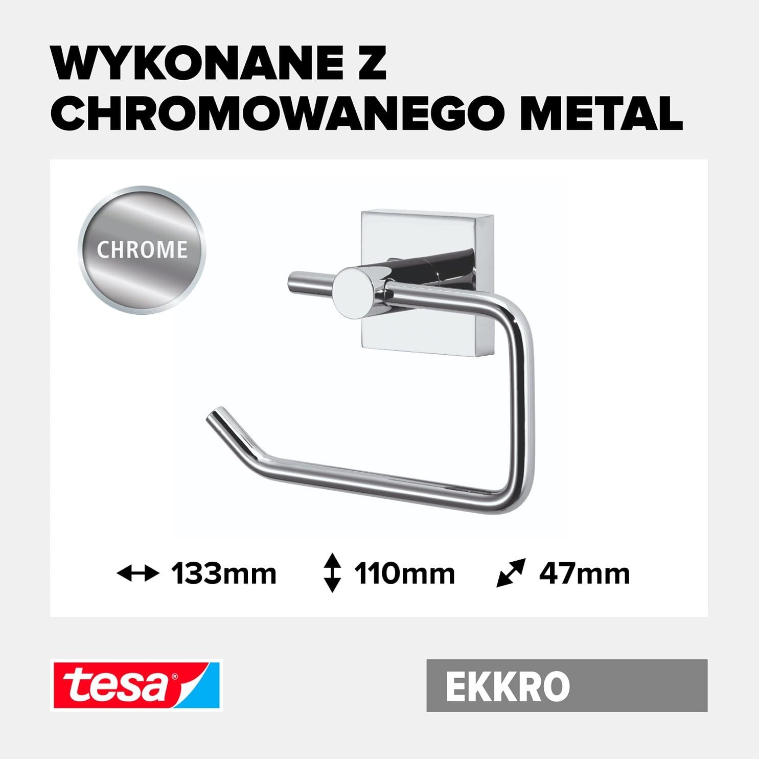 tesa EKKRO uchwyt na papier toaletowy – samoprzylepny haczyk na rolki papieru toaletowego – chromowany – bez pokrywy – wymiary: 110 mm x 133 mm x 47 mm