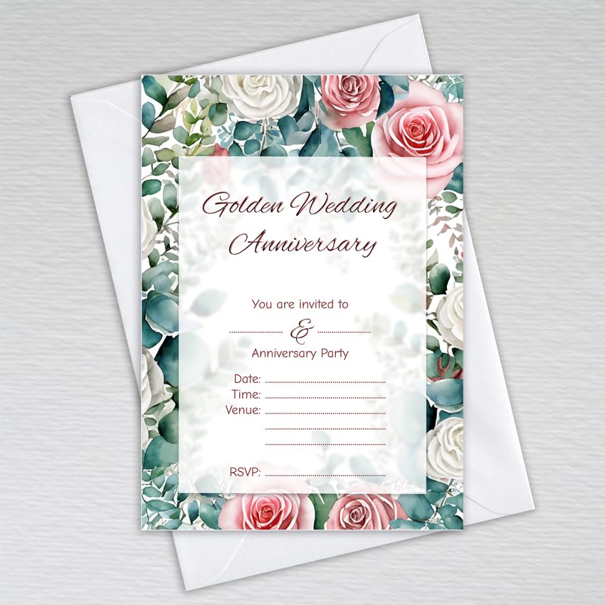 Webspectations Pack of Golden Wedding Anniversary Invitations with Envelopes: Classic Rose Golden Wedding Anniversary Invites (Pack of 20 with Envelopes)