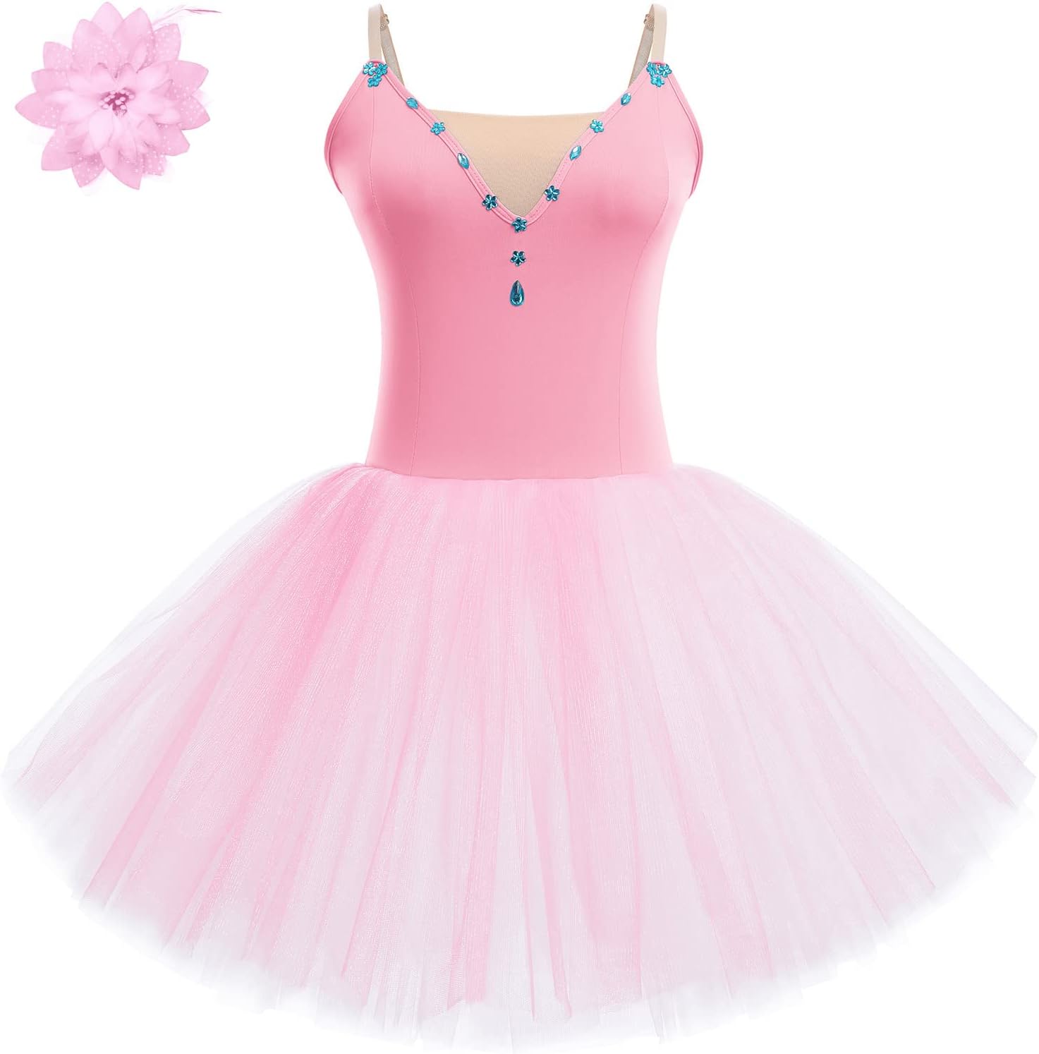 AFAVOM 2PCS Glitter Women Ballet Leotards Long Dance Ballerina Costume Adult Ballet Dress with Hair Clip Camisole Leotard