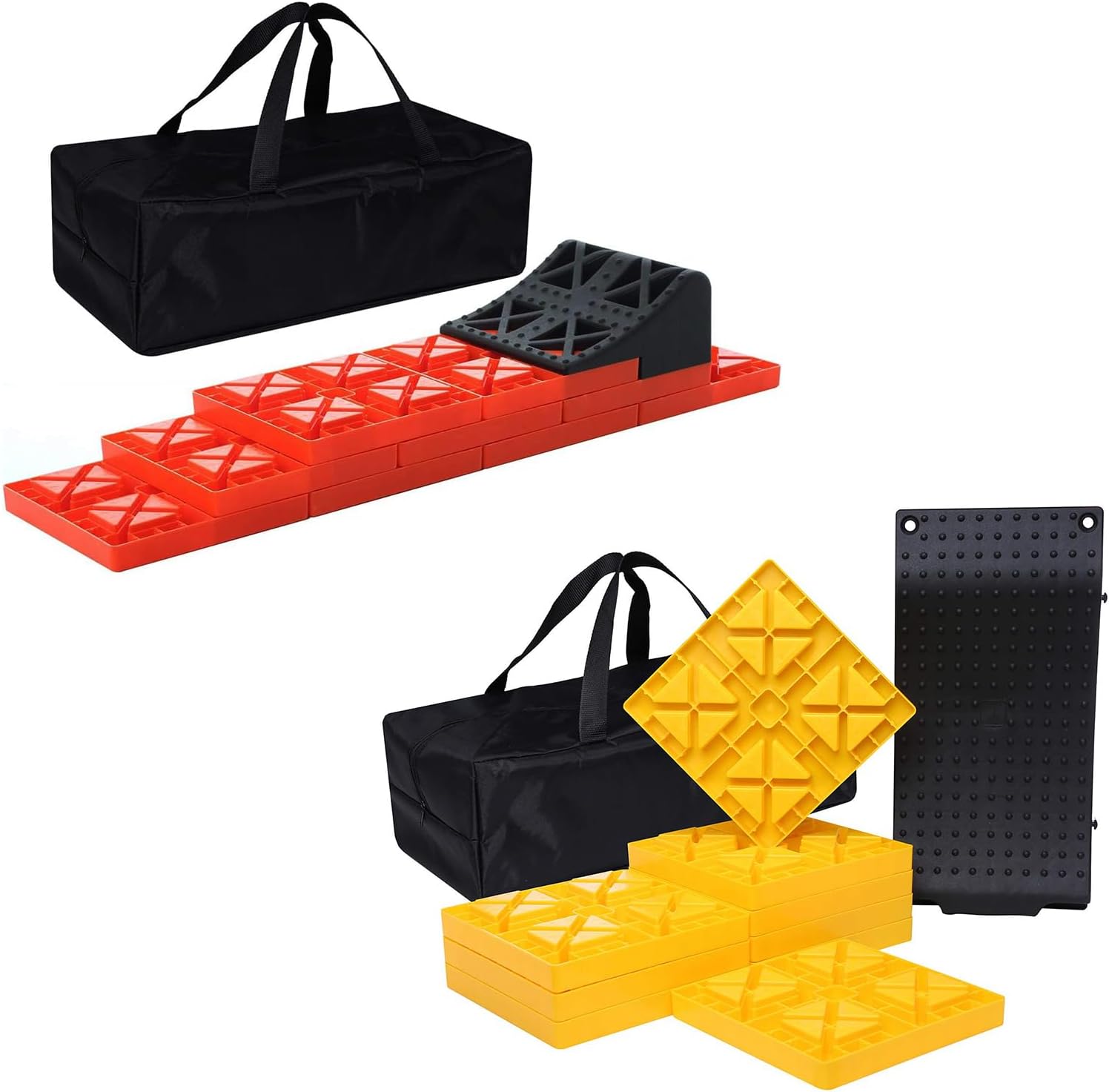 Homeon Wheels Camper Leveling Blocks, 2 Sets,One Top Tire Saver Ramps and 9 Pack Interlocking Leveling Blocks with Carrying Bag, Heavy Duty Rv Leveling Blocks and Chocks Anti-Slip Pads