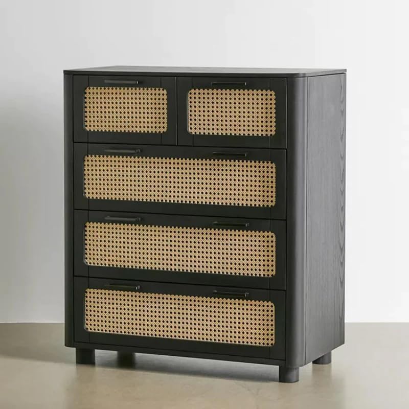 Rathkaar Wooden Chest of Drawers with 5 Storage Drawers, Premium Mango Wood and Rattan Cabinet, Modern Console Table Organizer for Bedroom, Living Room, Hallway, Black Finish Multipurpose Furniture-image-14