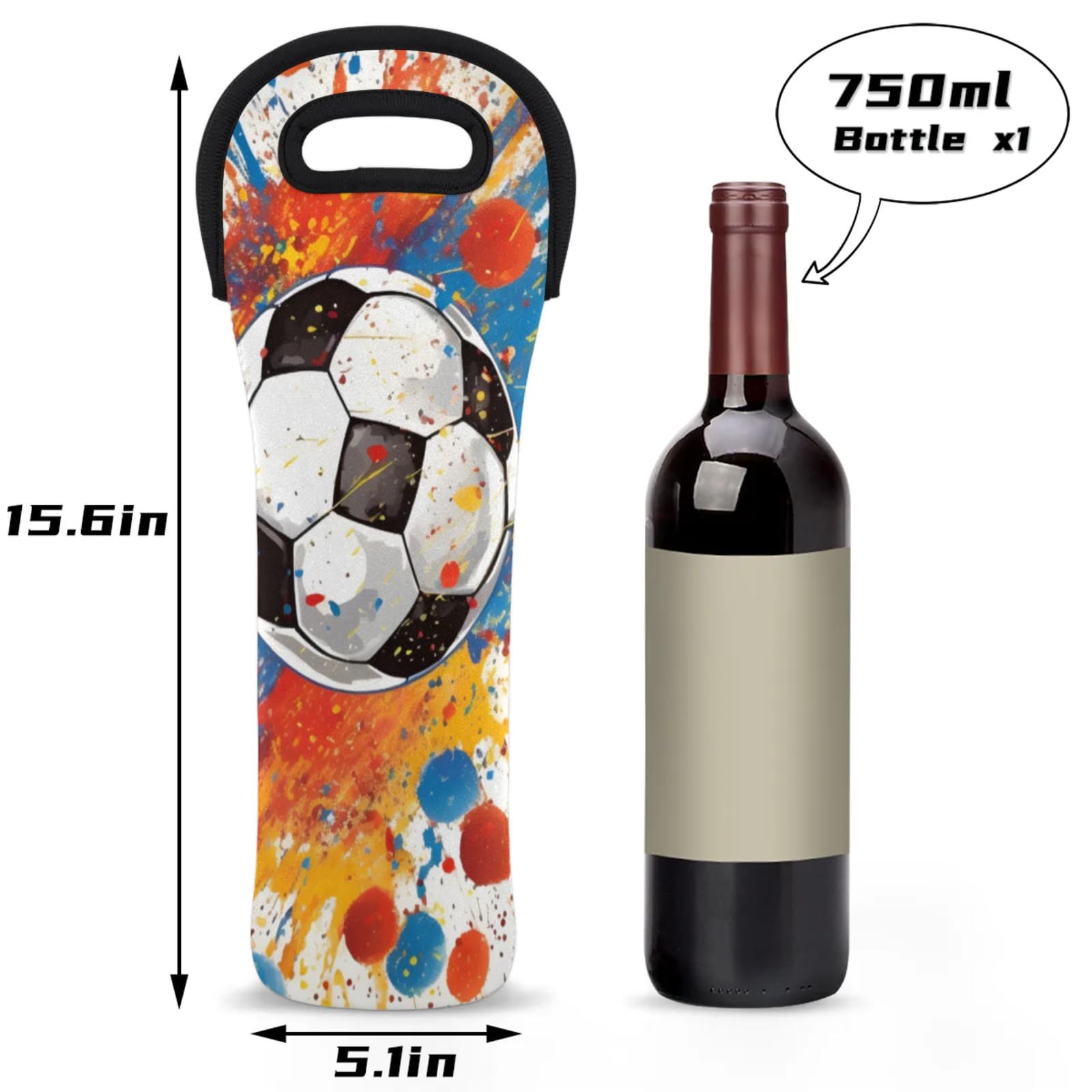 Neoprene Wine Tote Carrier Bag for Wine,Water, Champagne, Beer, Baby Bottles 15.6 x 5.1 Inches, Protective Wine Bag,Watercolor Football Soccer